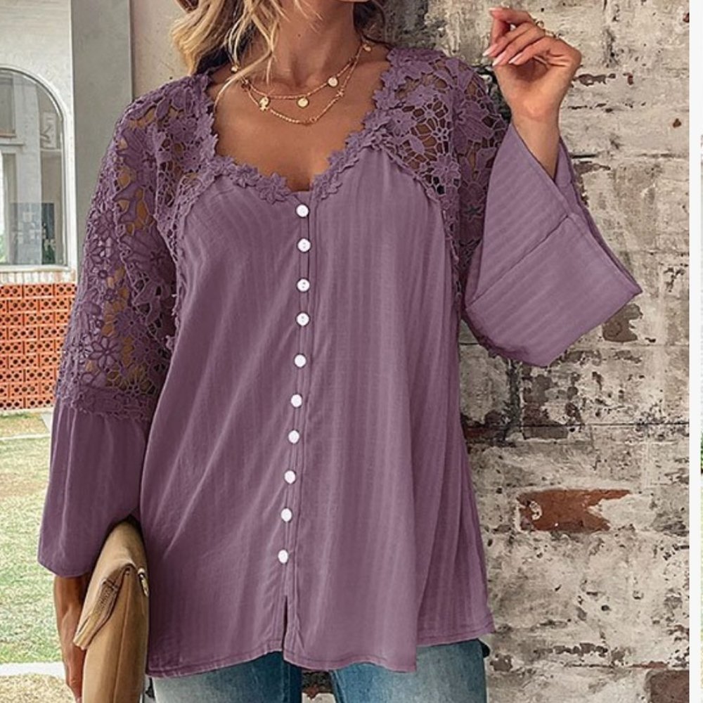Purple Button-Front Lace-Accent Sweetheart Tunic